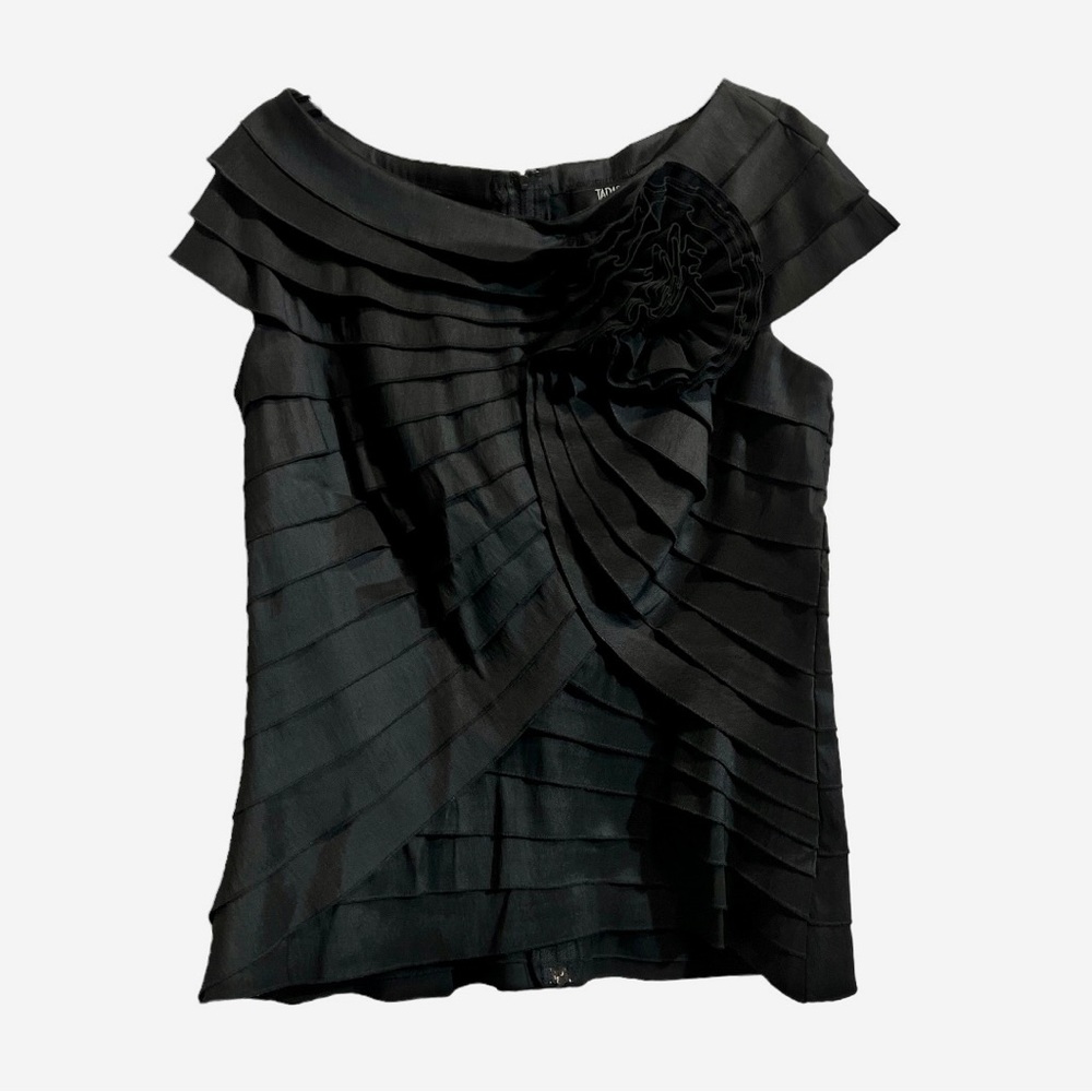 Tadashi Collection Taffeta Rossetti Tiered Cap Sleeve Top in Black, Size 14